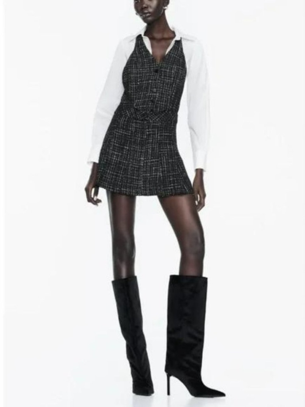 Zara Contrasting Textured Tweed Pinafore Plaid Pleated 2 in 1 Mini Dress Small
